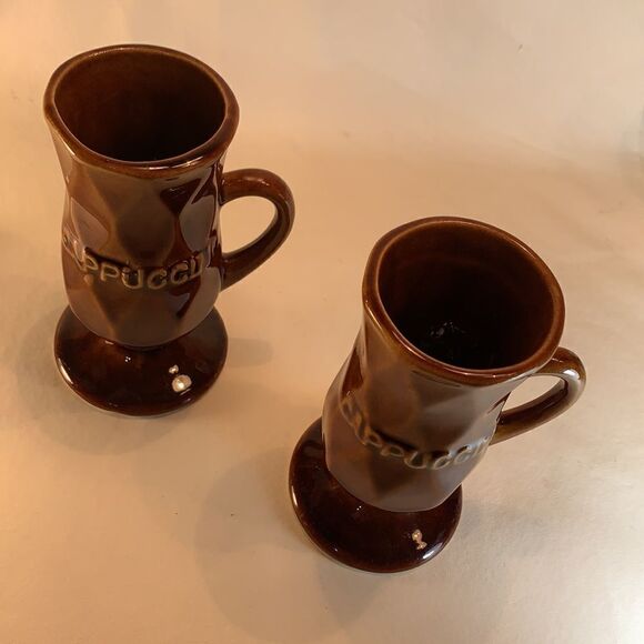 Set 2 Brown Ceramic Textured Cappuccino Mugs 4 1/2 Inches Tall 2 Inches Round - Picture 3 of 5